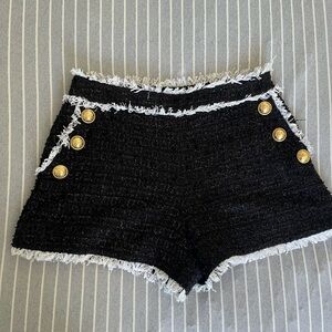 Balmain Black Tweed High-Waist Shorts with Gold Buttons